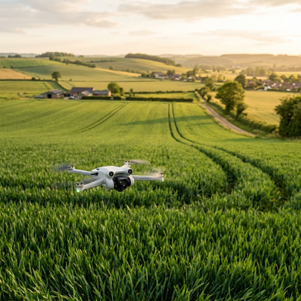 DJI Mini Pro drone flying over European wheat field with waypoint grid overlay