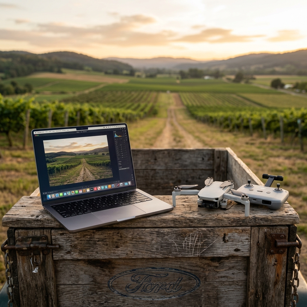 MacBook processing drone data on a farm